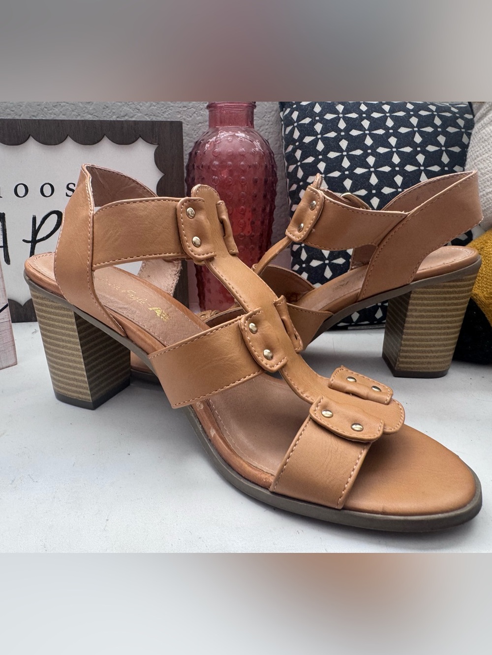 AE tan studded strappy  heeled sandal